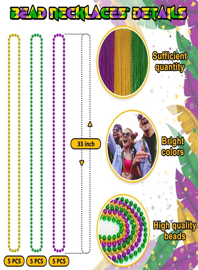 EOBOH 30PCS Mardi Gras Accessories, Green Purple Gold Mardi Gras Beads Necklaces Bulk, Metallic 33" Round Beads Necklace Costumes Decor, Parade Throws Party Decorations Favor Supplies - Image 2